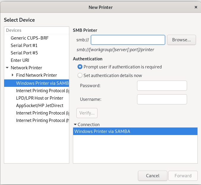 Select Windows Printer via SAMBA